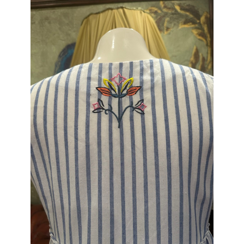 Handmade Coastal Dress Blue White Stripe Cotton Floral - Picture 7 of 12